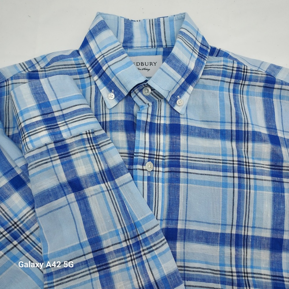 Ledbury Mens Blue White Plaid 100% Linen Button Down Long Sleeve Shirt‎
